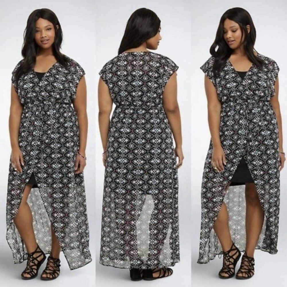 Torrid Ikat Chiffon Multicolored Geometric Print Sheer Dress Women's Size 3 3X